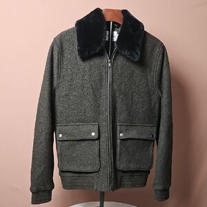 TOPMAN Men's Olive Green Wool Jacket with Faux Fur Collar